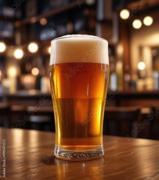 Fototapeta A glass of beer sits on a table with blurred background of a dimly lit pub in the evening, with soft focus effect, peaceful ambiance, beer, refreshment