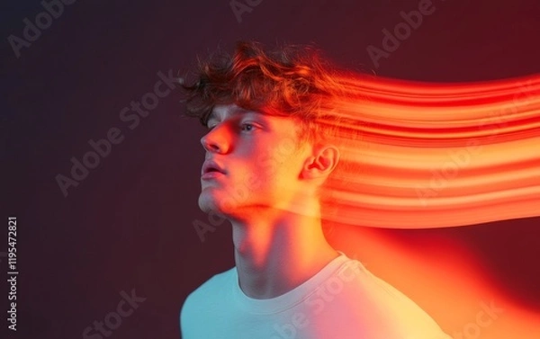 Obraz Energetic Portrait of Young Man with Neon Motion Blur and Dynamic Light Trails