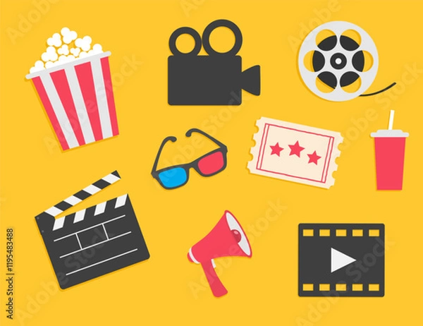 Fototapeta Cinema icon set. Popcorn box Movie reel Open clapper board Ticket Admit one three stars. Soda glass straw, camera, 3d glass, loud speaker, film strip. Simple Flat design. Yellow background. Vector