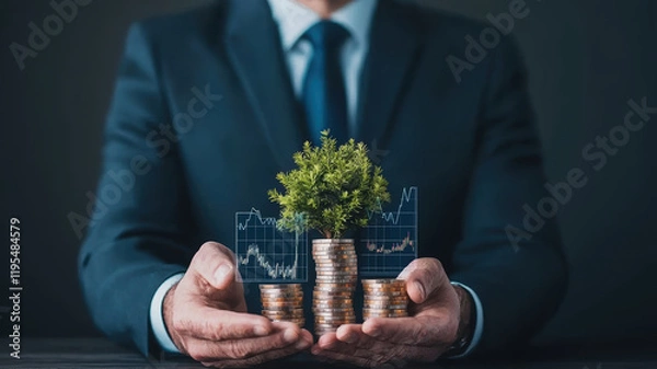 Obraz financial advisor presenting growing investment with coins and plant, symbolizing growth and prosperity. image conveys sense of trust and financial success