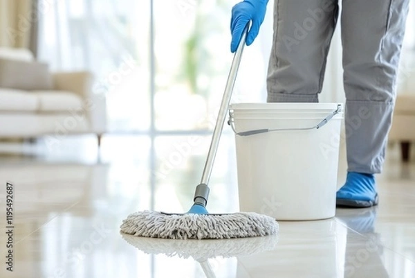 Fototapeta Cleaning service concept with mop and bucket in modern home for hygienic living space