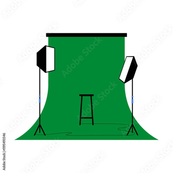 Fototapeta Photography Studio Setup With Green Screen In Flat Vector Illustration Symbolizing Media Production, Creativity, And Filming, Isolated On White Background