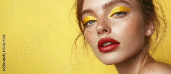 Fototapeta Close-up portrait of a woman with striking yellow eyeshadow and bold red lips, showcasing creative and colorful makeup. Her freckles and the yellow background add emphasis to the artistic look.