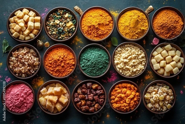 Fototapeta Vibrant Display of Colorful Holi Sweets Arranged in a Festive Flat Lay Composition