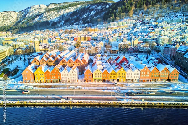 Obraz Aerial view of wooden district Bryggen in Bergen in winter, Norway