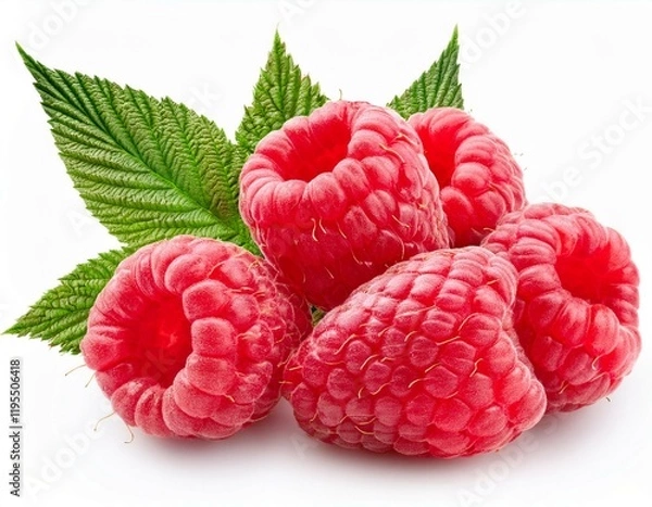 Fototapeta Fresh raspberries with vibrant red tones and detailed green leaves isolated on a crisp white background.
