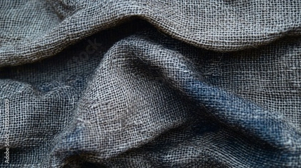 Fototapeta Dark Gray Burlap Fabric Texture Background- Close-Up Wrinkled Linen Textile