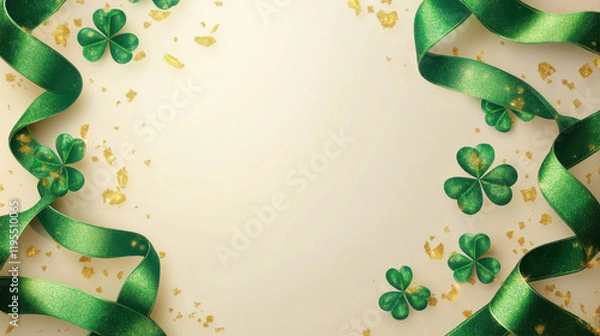 Fototapeta Elegant St. Patrick’s Day background with green ribbons, shamrocks, and gold confetti on a soft beige surface. Ample copy space for text, perfect for festive and decorative designs.