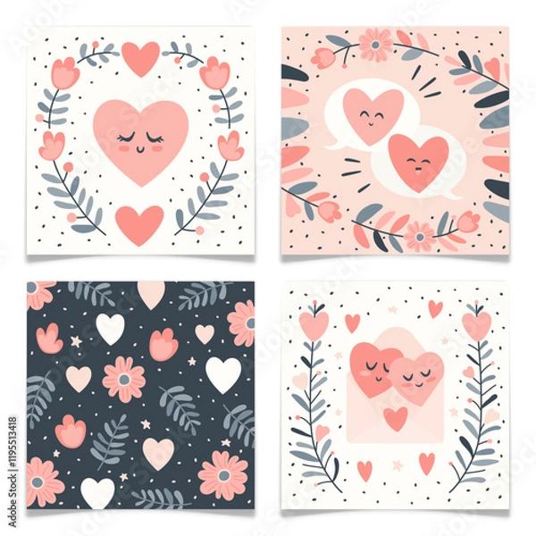 Fototapeta Cute Valentines Day hand drawn greeting cards set. Pastel colored holiday backgrounds and patterns. Pink hearts with smiley faces, flowers and leaves. Love concept. Flat vector illustration.