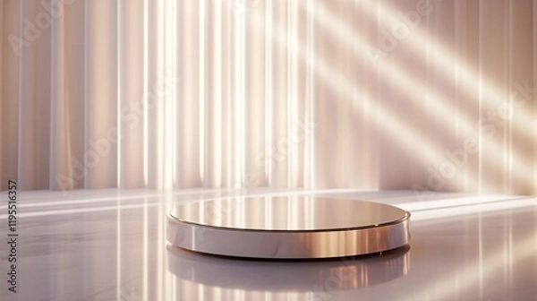 Fototapeta Front view of circular mirror glass podium, light reflections. Beams of light. White gold gradient. Copy space. Generative AI 