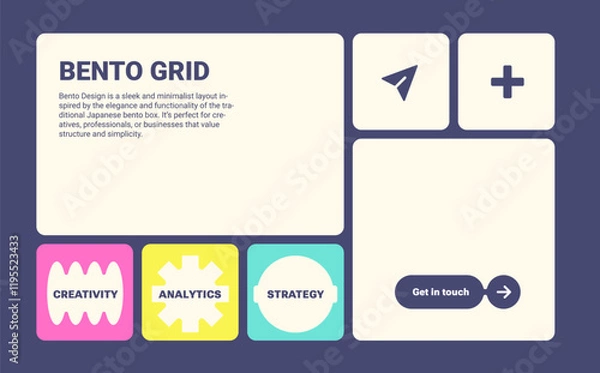 Obraz Modern Bento grid web business layout with simple shape. Trending bento brick Ui UX template. Web comics grids, various panel arrangements and different size tiles. Creativity, analytics, strategy