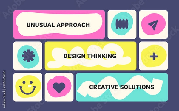 Fototapeta Modern Bento grid web business layout with doodle shapes. Trending bento brick Ui UX template. Web comics grids, various panel arrangements and different size tiles. Creativity, analytics, strategy