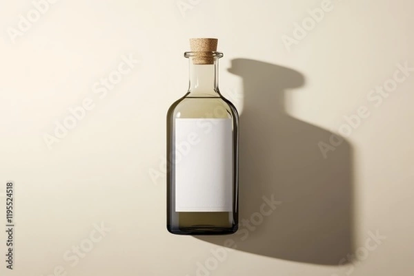 Fototapeta A simple glass bottle with a cork stopper sits against a light background, casting a soft shadow, featuring a blank label for customization.