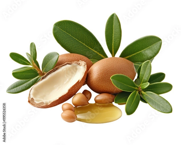 Obraz Isolated Argan Nuts, Oil, and Fresh Green Leaves