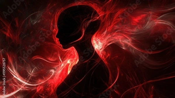 Fototapeta Surreal silhouette of a person immersed in swirling red and black abstract patterns during a dream like moment. Generative AI