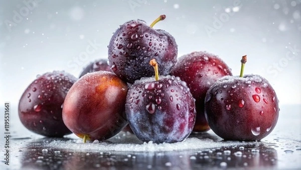 Fototapeta A cluster of plums is shown on a snowy-white background with large droplets of slimy sap dripping from the plums, fluid, viscous, wet