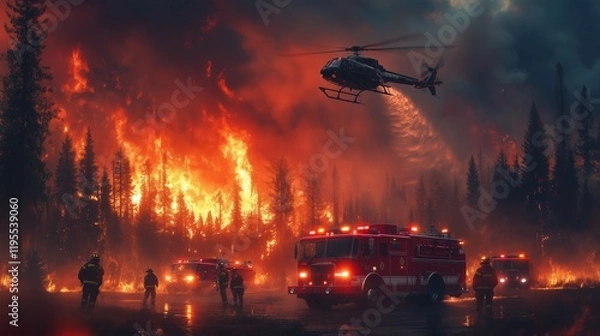 Fototapeta Heroic Firefighters Battling Massive Forest Fire – Ground Crew with Fire Trucks and Helicopter Dropping Water, Dramatic Scene of Teamwork, Flames, Smoke, and Urgent Emergency Response