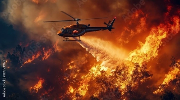 Fototapeta Fire Helicopter Dropping Water Over Raging Forest Fire – Dramatic Wildfire Battle and Emergency Response Scene in Effort to Control Destructive Blaze