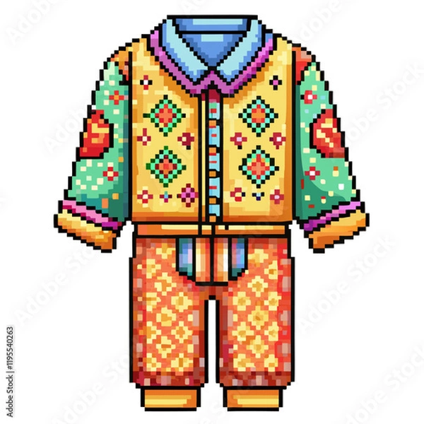 Fototapeta Colorful Retro Pixel Art Pajamas with Geometric Patterns and Vibrant Colors