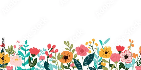 Fototapeta Collection of spring colorful flower elements vector. Floral boarder of wildflower, leaf branch, foliage on white background. Hand drawn blossom illustration for decor, easter, sticker, clipart