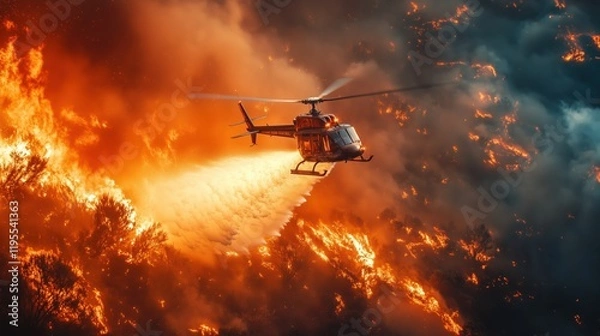 Fototapeta Fire Helicopter Dropping Water Over Raging Forest Fire – Dramatic Wildfire Battle and Emergency Response Scene in Effort to Control Destructive Blaze