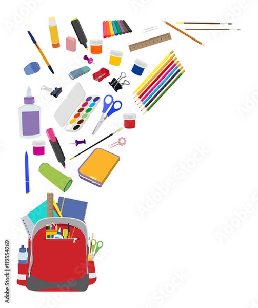 Fototapeta Background with school supplies flat vector