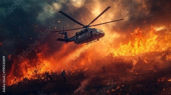 Fototapeta Fire Helicopter Dropping Water Over Raging Forest Fire – Dramatic Wildfire Battle and Emergency Response Scene in Effort to Control Destructive Blaze