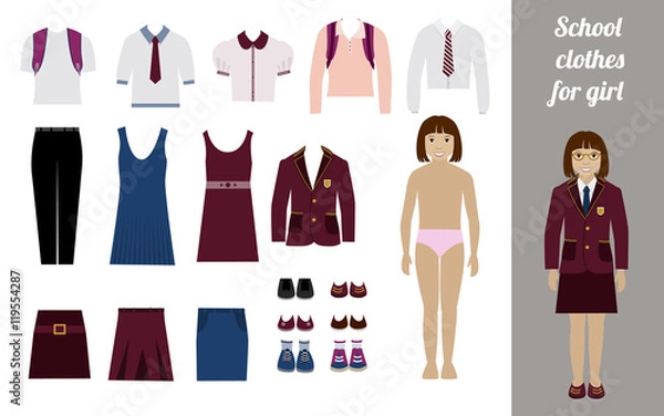 Fototapeta Create school girl kit with different uniforms