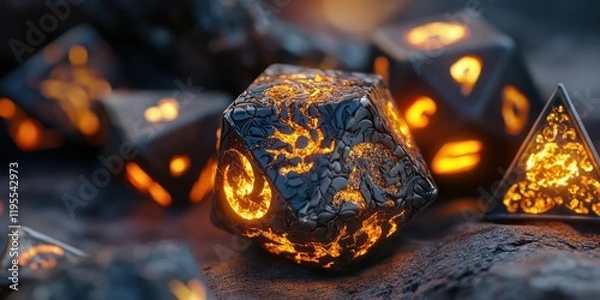 Obraz Glowing fantasy dice on dark surface, game background