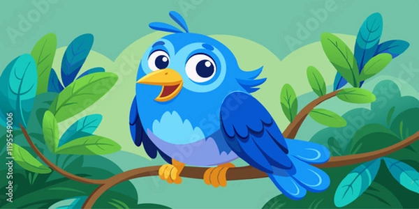 Obraz Cartoon Blue Bird with Cheerful Expression Perched on Branch in Vibrant Colors