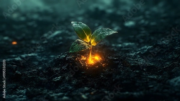 Fototapeta The Tenacity of Nature: An Artistic Reflection on Life After Death through the Emergence of a Green Sprout from Charred Landscapes