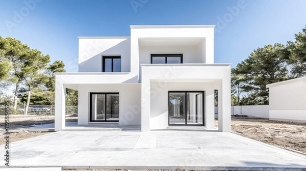 Fototapeta Modern minimalist white house facade with large windows surrounded by greenery under a clear blue sky