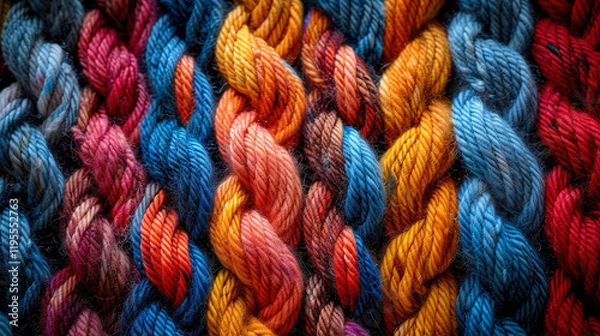 Fototapeta Background of multi-colored twisted ropes of bright colors, same width and texture, lying in dense straight rows, next to each other and parallel to each other. Complete filling of frame.