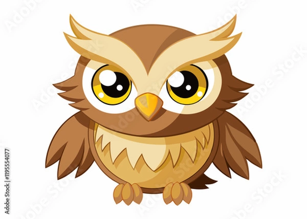 Fototapeta Cute Cartoon Owl with Big Yellow Eyes and Adorable Expression in Kawaii Style