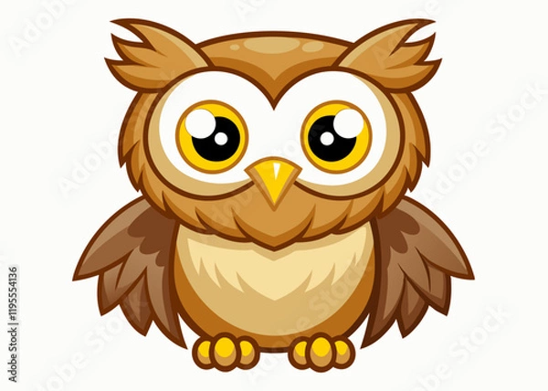 Fototapeta Cute Cartoon Owl with Big Yellow Eyes and Adorable Expression in Kawaii Style