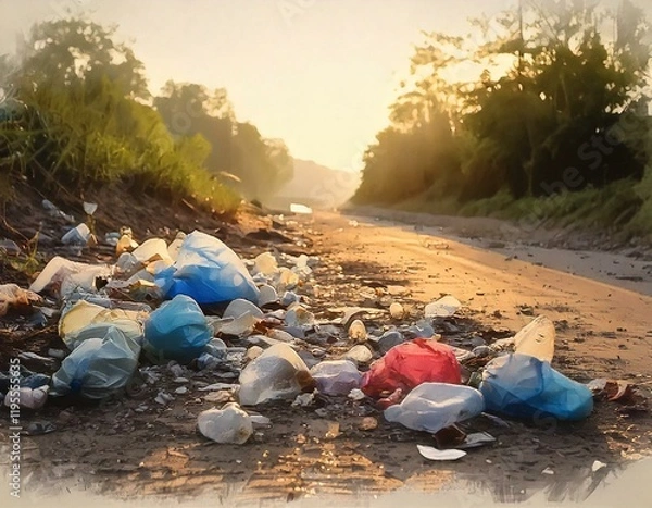 Fototapeta Plastic bags and bottles scattered along a rural dirt road at sunset, illustrating environmental pollution and the impact of human waste on nature.