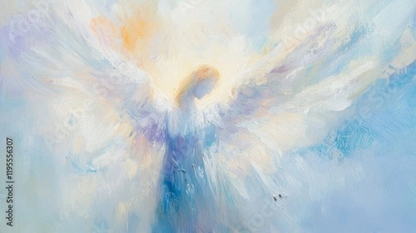 Fototapeta Abstract angelic figure with soft colors soars through a serene sky filled with light