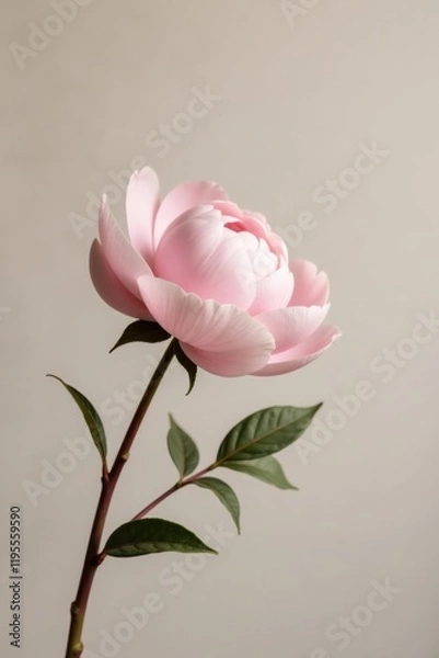 Fototapeta A single delicate pale pink bloom with lush green foliage elegantly displayed against a muted background.