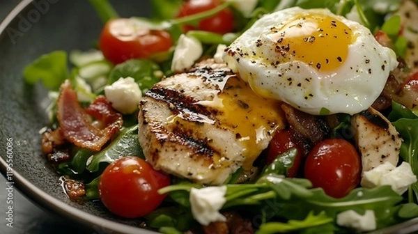 Obraz Close up shot of healthy grilled chicken salad with poached egg sliced of cherry tomatoes avocado bacon feta cheese and leaf vegetables