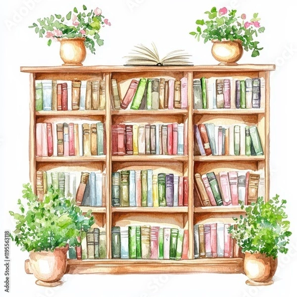 Fototapeta Watercolor bookshelf scene cozy library art illustration indoor eye-level book lovers dream