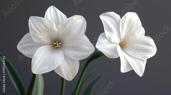 Fototapeta Elegant white daffodils in full bloom against a soft gray background