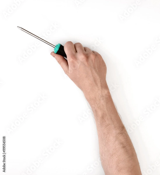 Obraz Close-up view of man's hand with screwdriver, isolated on white background