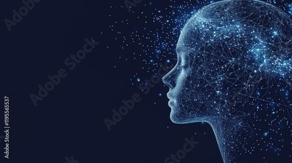 Fototapeta A futuristic digital silhouette showcasing artificial intelligence and technology with glowing lines and a dark background. Ideal for tech industries, innovation, and AI ads.