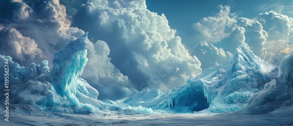 Obraz A dramatic winter landscape with blue ice formations and massive cumulus clouds in arctic setting. Generative AI
