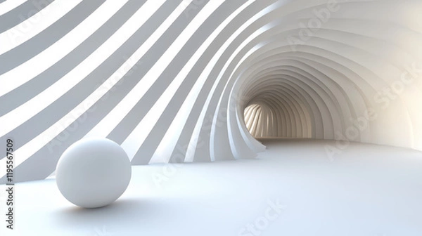 Fototapeta smooth, white tunnel with curved walls and single sphere creates serene and modern atmosphere. design emphasizes depth and perspective, inviting exploration