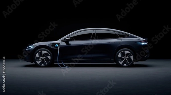 Fototapeta Close-up of an advanced electric car charging station featuring a holographic display and blue light against a dark backdrop