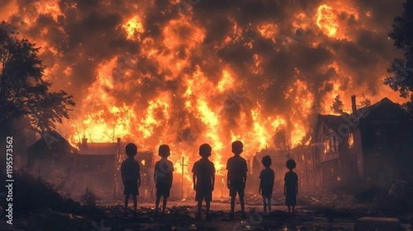 Fototapeta Shocked Children Witness the Horrific Inferno Consuming Their Neighborhood and Creating a Scene of Complete Devastation