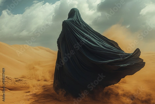 Fototapeta mysterious figure in flowing cloak walks through sandy desert landscape