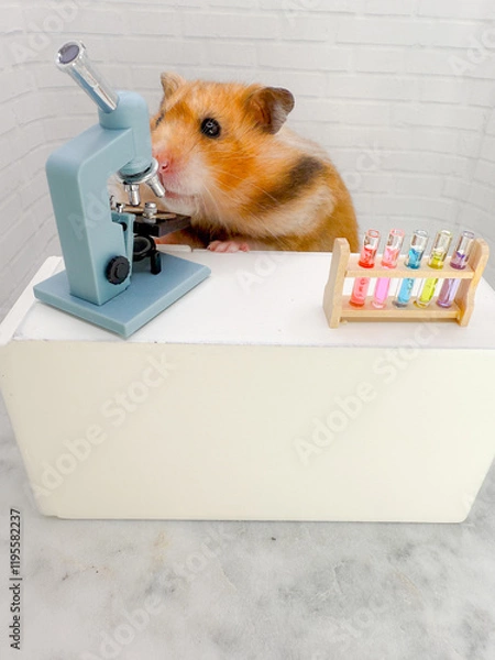 Fototapeta Cute Syrian hamster working in a miniature science laboratory with test tubes and a microscope 