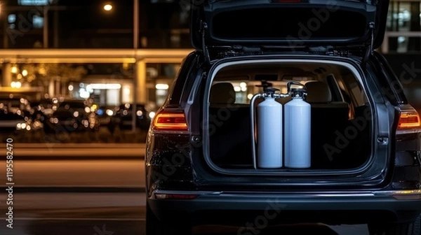 Fototapeta Fire extinguishers placed in the trunk of an SUV to ensure safety in emergency situations while parked in an urban environment.